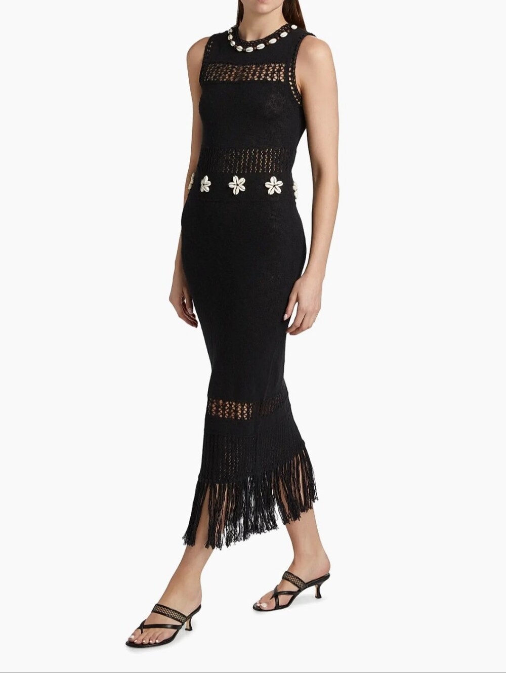 NWT Rails Kiana Cotton Knit Midi Dress Size Large Black with Shells and Fringe